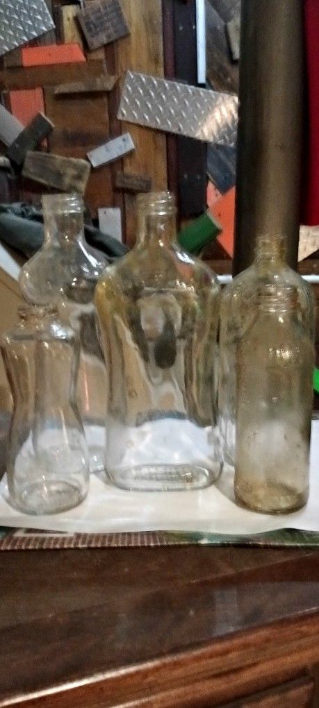 Vintage Antique Lot 5 Embossed Clear Glass Bottles