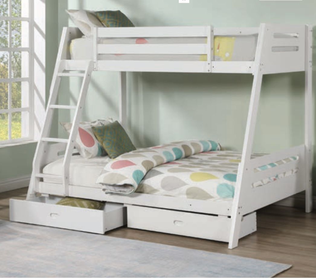  White/Grey twin/full bunk bed with drawers. Bunk bed only-$299. With mattresses-$525.Assembly required. Assembly not included. Free delivery. 