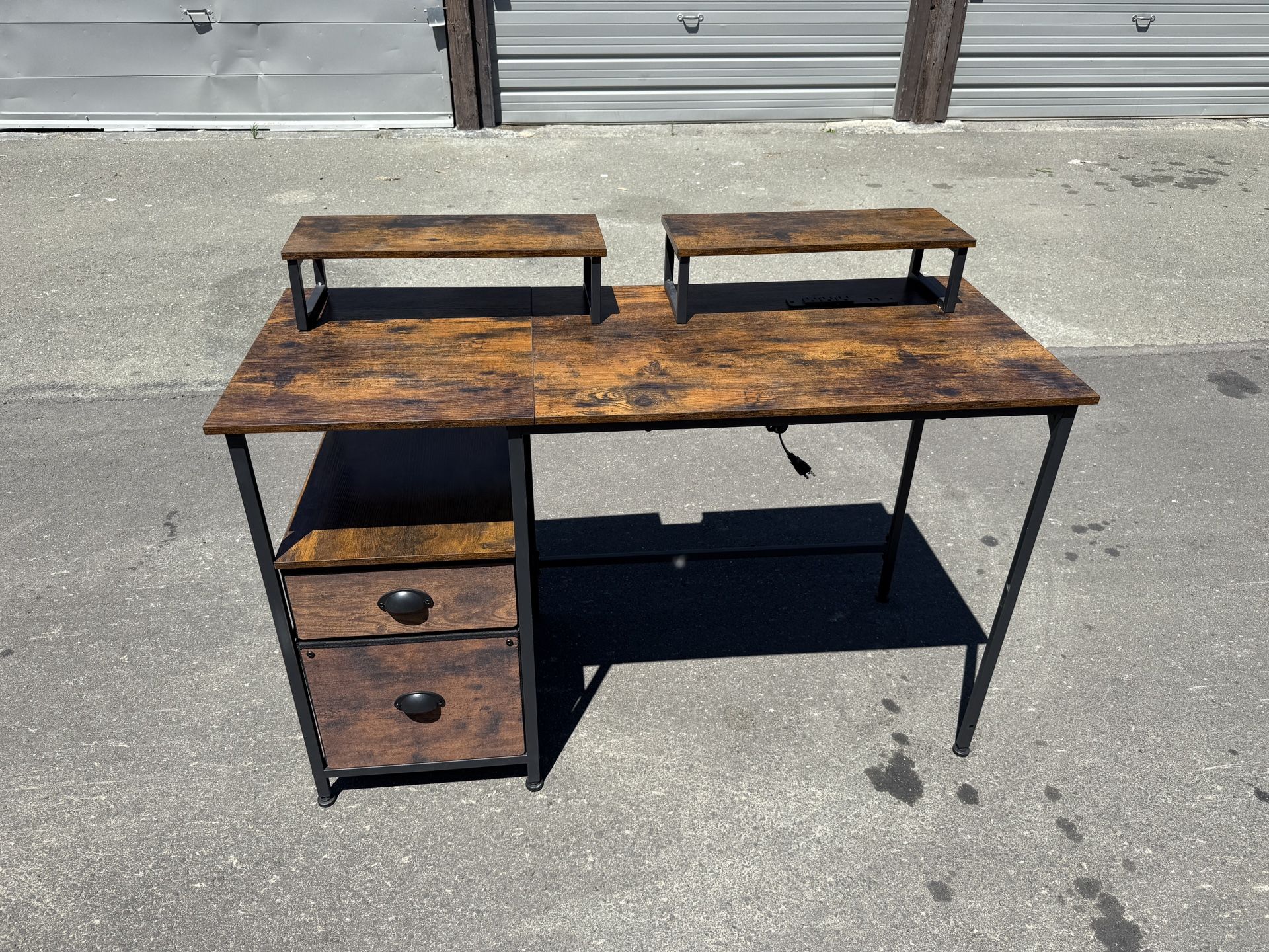 Rustic Industrial Computer Desk – 47” w/ Storage Drawers & Monitor Stands