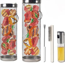 Rolling Grilling Baskets 2 PCS, BBQ Grill Baskets for Outdoor Grilling,Stainless Steel Grill Basket for Veggies Vegetable Fish Meat Food Camping, outd