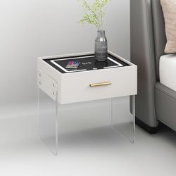 Modern LED Light Smart Nightstand, Bedside Table with Wireless Charging Port, Smart Night Table with Storage Drawer, Bedroom/Kids Room/Study/Living Ro