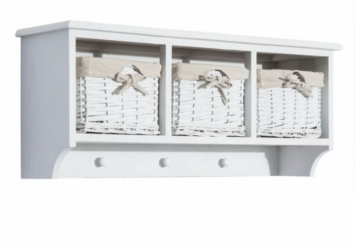 Garment Coat Rack Shelf With Storage Baskets Entry Way Organization White