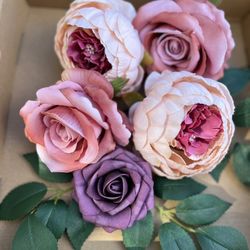 5 Fabric Artificial Flowers Peonies and Roses with Leaves and Attachable Stems