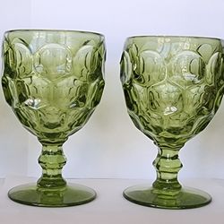 4 -Vintage Imperial Glass Provincial Avocado Green Thumbprint Water Goblets