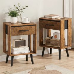 NEW - Nightstand with Drawer, Set of 2, Side Table with Open Shelf