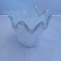 Vintage Murano Clear And White Swirl Glass W Cooper Flecks Bowl, Candle Holder