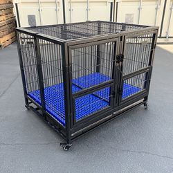 (NEW) $190 Folding Heavy-Duty Dog Crate 41”x31”x34” Dual-Door Stackable Cage Kennel, Divider, Plastic Tray 