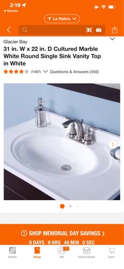Glacier Bay 31 in. W x 22 in. D Cultured Marble White Round Single Sink Vanity Top in White (1487)