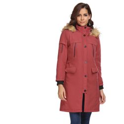 Winter Jacket  Long Coat with Faux Fur Hood Red/