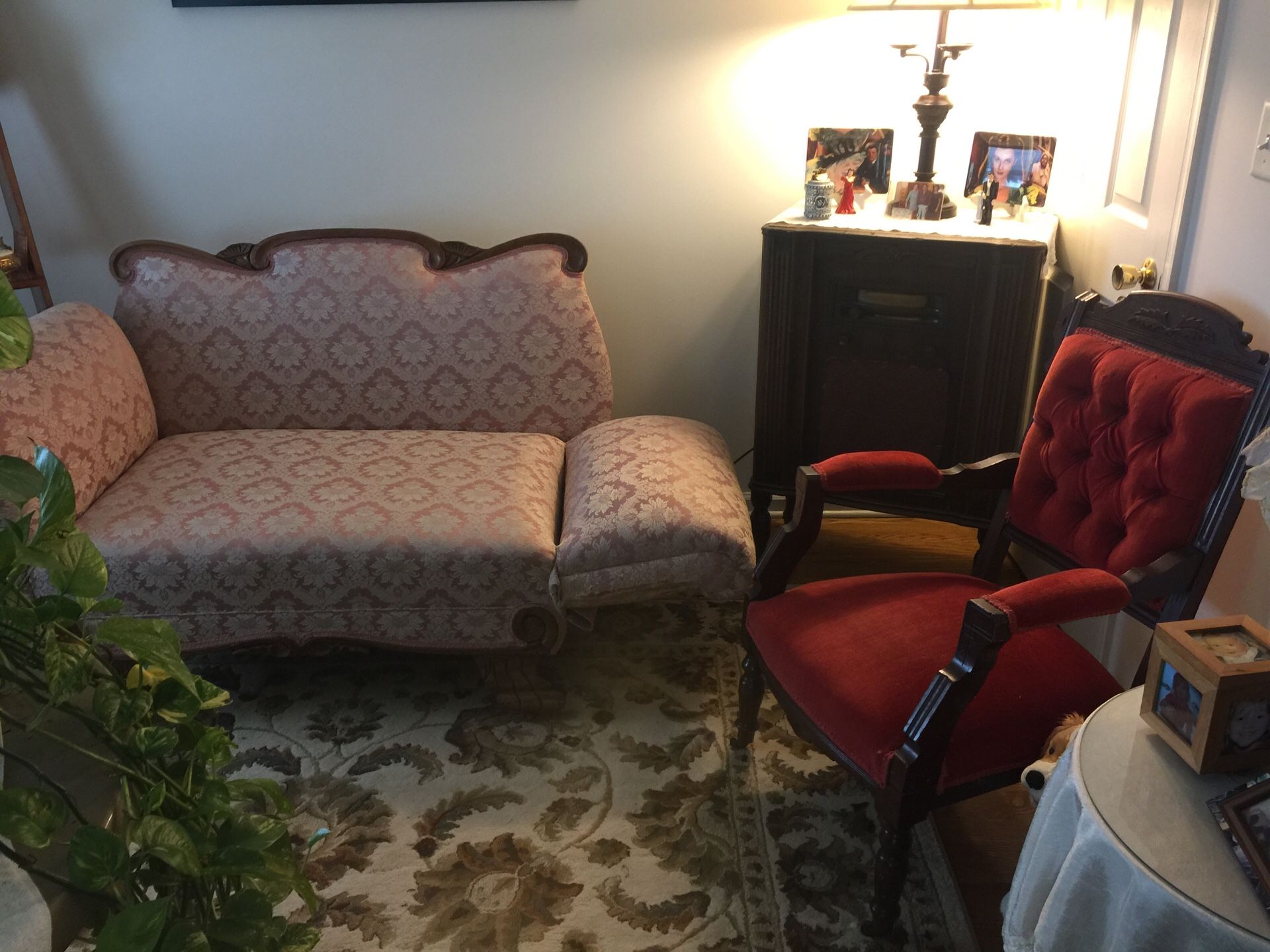 PLEASE BY US! WE NEED A GOOD HOME. Antique fainting couch and chair.