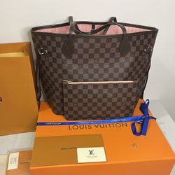 100% Authentic Louis Vuitton Neverfull MM – Damier Ebene with Rose Ballerine Interior 