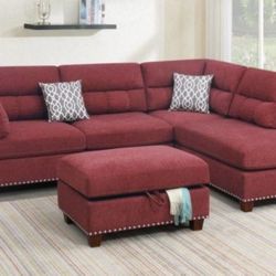 Brand New Red Carmine Sectional Sofa With Storage Ottoman 