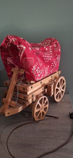 Handcrafted Wooden Covered Wagon Table Lamp with Bandana top