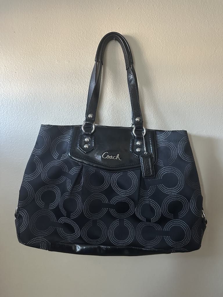 COACH Ashley Black Dotted Op Art Large Patent Leather Shoulder Bag F20049