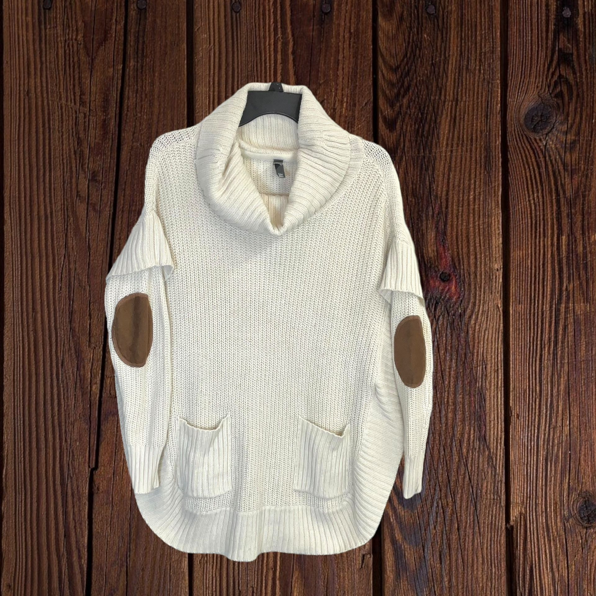 ALYA Beige Cowl Neck Pullover Poncho Sweater w Brown Patch Elbows Women S/M