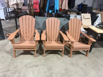 New Folding Adirondack Chair Set of 3, Cup Holder, Teak pin-free folding, 38-in tall back, Wood-grain All-weather HDPE; for fire pit, poolside, deck, 