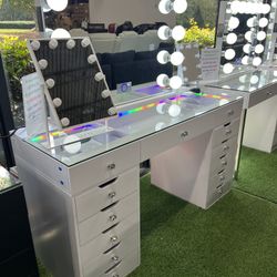 Black Makeup Vanity with 13 Drawers and LED Mirror with Bluetooth Speaker 