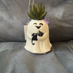New With Tags Fake Succulent Ceramic Ghost Cat Planter Halloween Decoration