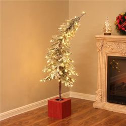4 ft. Pre-Lit Clear LED Porch Artificial Flocked Christmas Tree with Red Pot