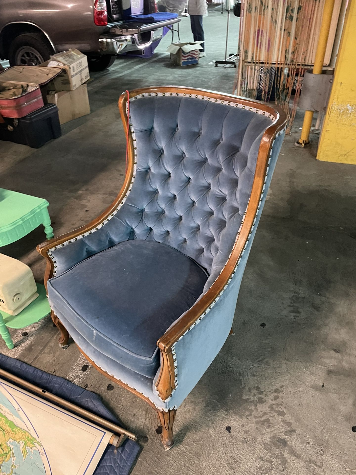 Pair of Blue Velvet Tufted Wingback Chairs 