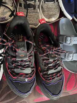 Six pairs of kid shoes sneakers flip flops Swim shoes sizes 3, 3.5, 4