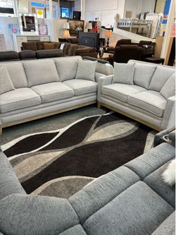 Light Gray Sofa & Loveseat Set with Wood Base – Modern Style