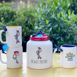 Rae Dunn Toy Story canister and 3 mugs 