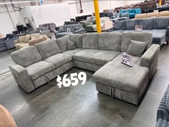 Stylish! 4-Pc Light Gray Convertible Corduroy Sectional Sofa With Double Storage & Pull-out Bed