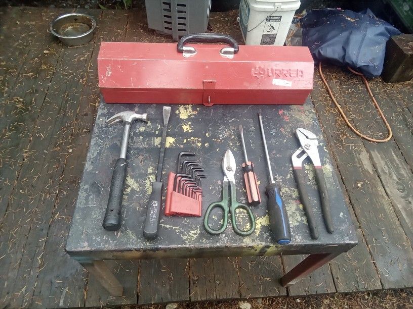 Heavy Duty Steel Toolbox And Assortment Of Shop Tools, Great Condition. $10.00.