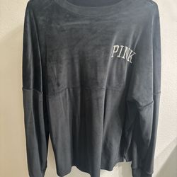 PINK Victoria Secret Velour Varsity Crew Top Logo Back LOVE PINK