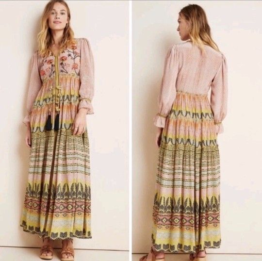 Anthropologie Bhanuni by Jyoti Giorgia Embroidered Maxi Dress Yellow Sz 0P 