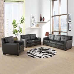 Black Leather Sofa Set 3 Pieces 