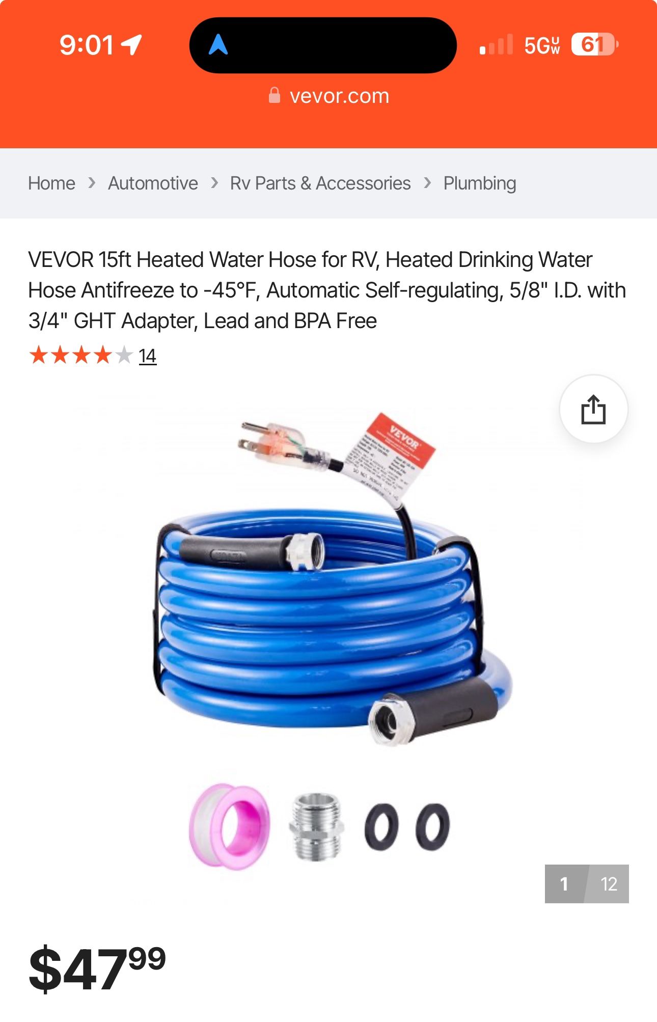 15’ Heated Hot Water Hose For RV