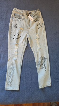 Limited Edition Antisocial Graphic Distressed Straight Leg Jeans