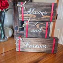 Stacked Wooden Blocks "Always and Forever" - Rustic Red Ribbon Accent