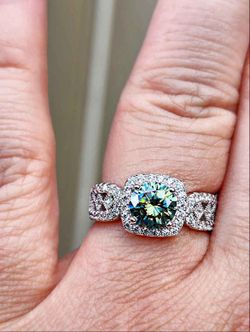 1 Carat Green Moissanite 18kt White Gold Plated Sterling Silver Ring