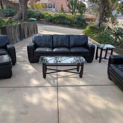 Modern Black Leather Living Room Set + Glass Tables