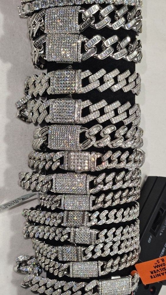 925 Sterling Silver Miami Cuban Bracelets With Genuine Moissanite Rhodium Finish