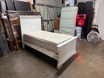 White Wooden Single Bed Frame with Mattress