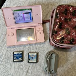 Nintendo DS Lite pink with 2 games, charger, and case