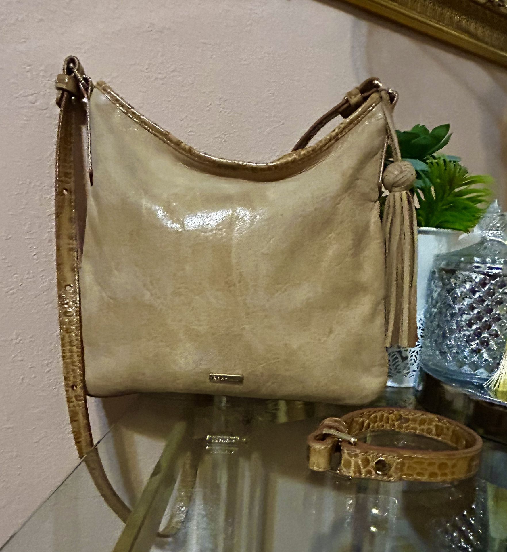Brahmin Tan with Croc Trim Leather Crossbody Purse/Bag