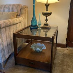 MCM Walnut and Smoked Glass Single Drawer End Table/Nightstand