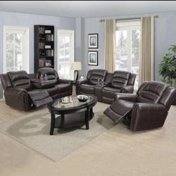 Brown Leather Fully Reclining Three Piece Couch Set 
