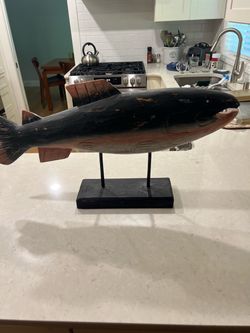 Carved Wooden Fish Sculpture on Stand