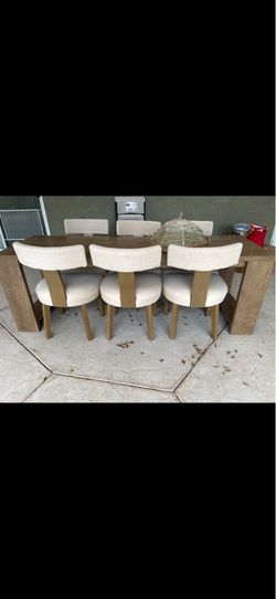 Tribe Designs Farmhouse Style Narrow Table with upholstered high back chairs
