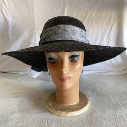 Vintage Wide Brim Straw Hat With Attached Scarf