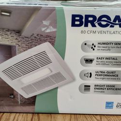 White Broan Ultra Quiet Humidity Sensing Bathroom Vent Exhaust Bath Ventilation Fan LED Light 80 CFM 0.7 Sones