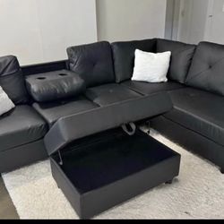 BLACK LEATHER SECTIONAL w/ Storage Ottoman ✅🪑✅🖤