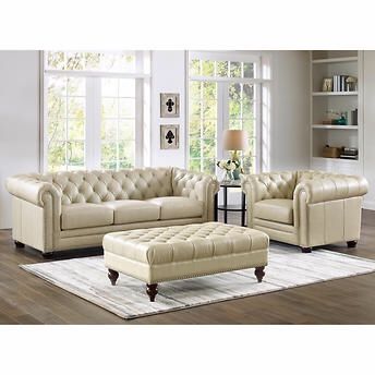 Allington 3-piece Top Grain Leather Set Sofa, Chair, Ottoman - Eggshell White