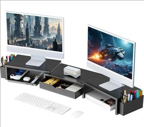 Dual Monitor Stand Riser, Desk Organizer With Drawer and 2 Pen Holders, Computer Monitor Stand, Desk Shelf for Top of Desk (Black)